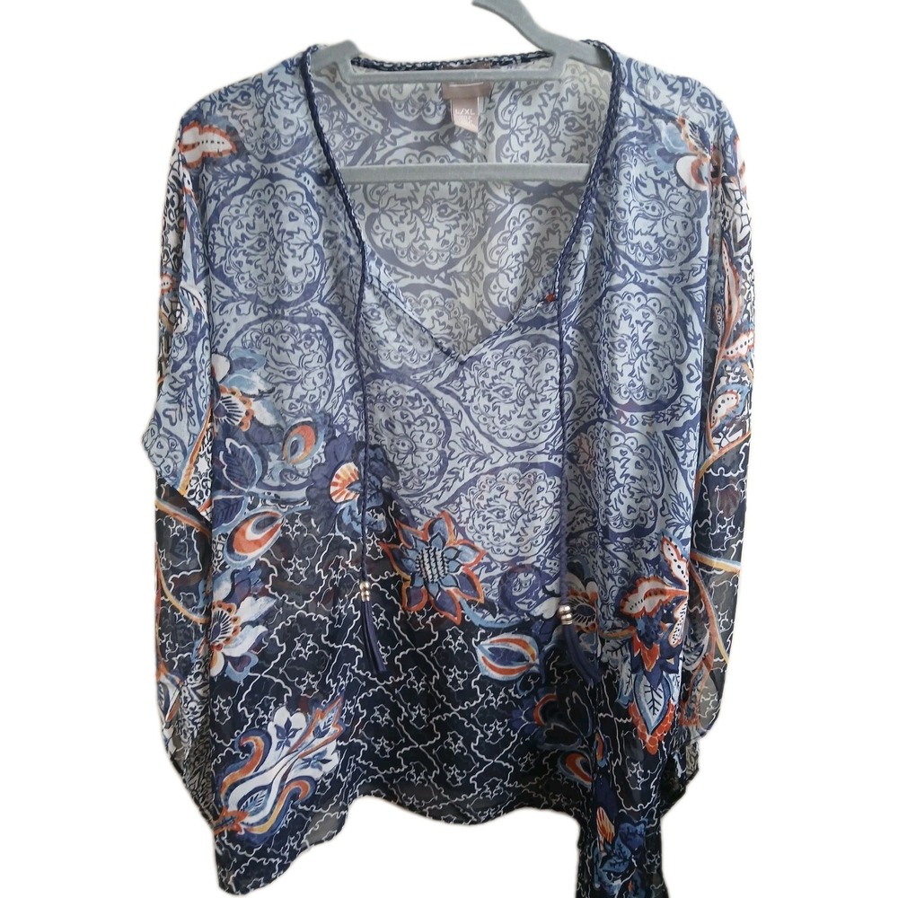 Chico's L/LX  Print Braided Tassel ‎ Topper  Poncho Cover Up